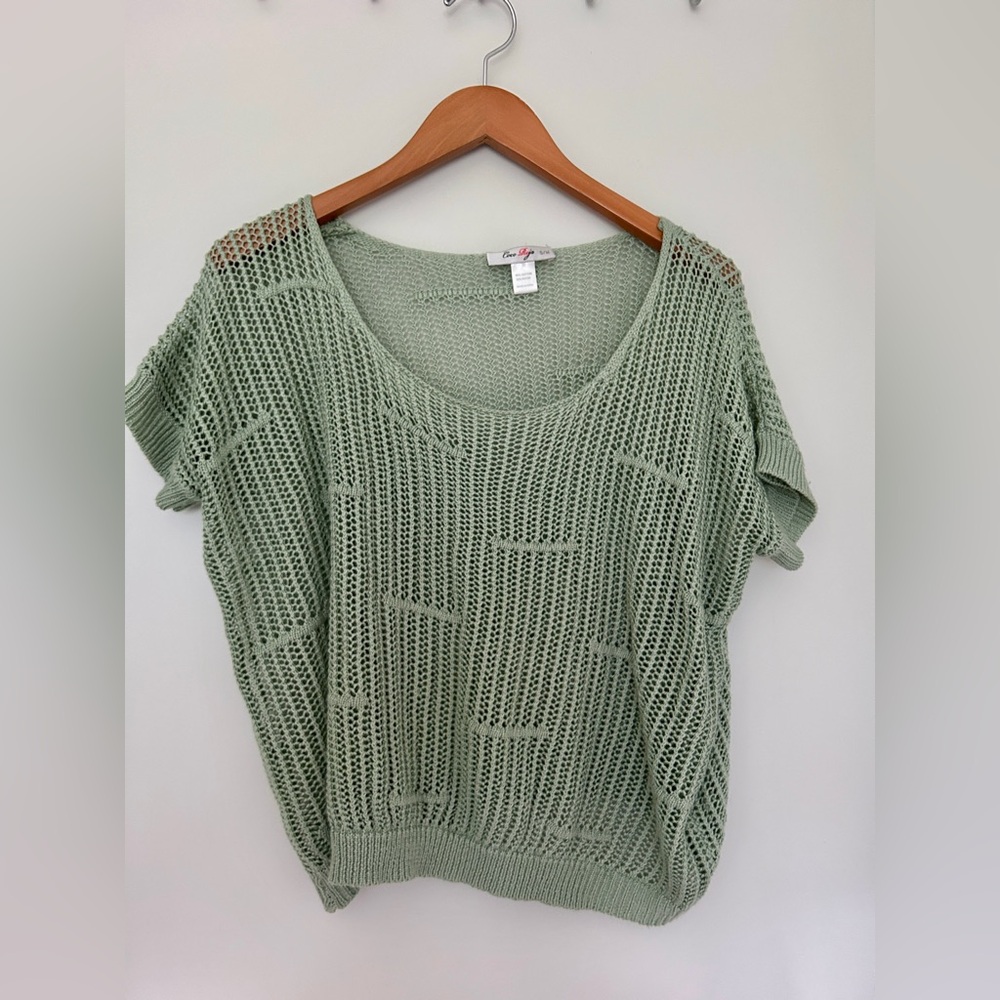 Coco Roja Sage Green Open Knit Short Sleeve Sweater Top Beach Coverup S M